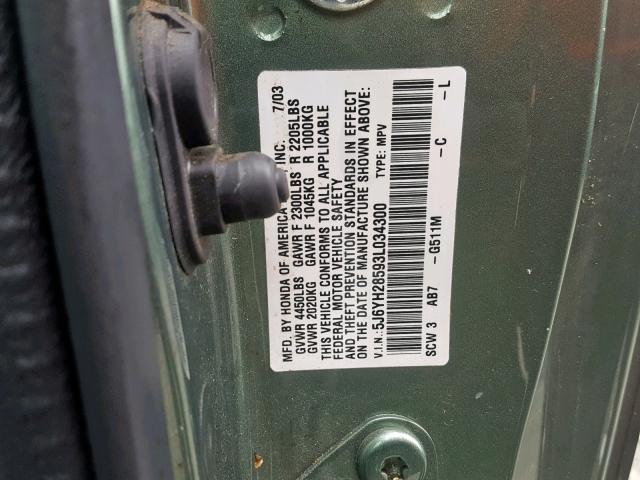 5J6YH28593L034300 - 2003 HONDA ELEMENT EX GREEN photo 10