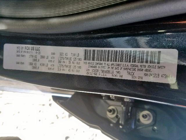 1C6SRFLT9KN839116 - 2019 RAM 1500 REBEL ნაცრისფერი ფოტო 10