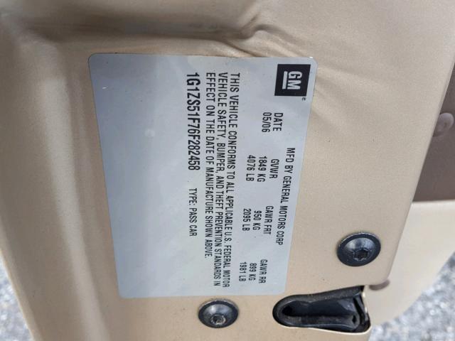 1G1ZS51F76F282458 - 2006 CHEVROLET MALIBU LS 金色 照片 10