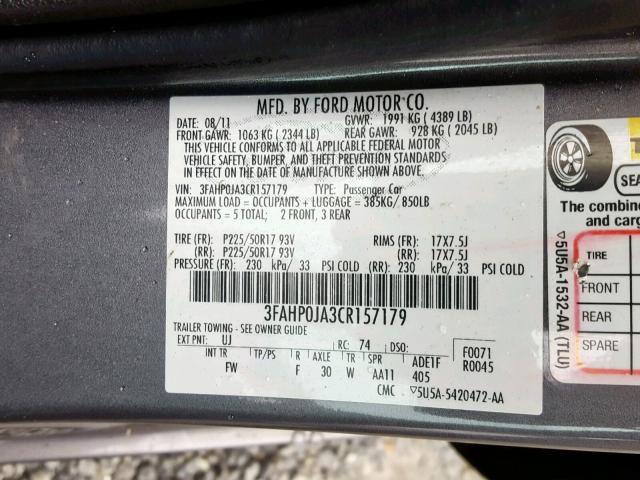 3FAHP0JA3CR157179 - 2012 FORD FUSION SEL TWO TONE photo 10