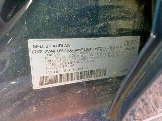 WAULF78K09A083721 - 2009 AUDI A4 2.0T QU BLUE photo 10