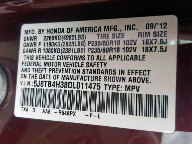 5J8TB4H38DL011475 - 2013 ACURA RDX RED photo 10