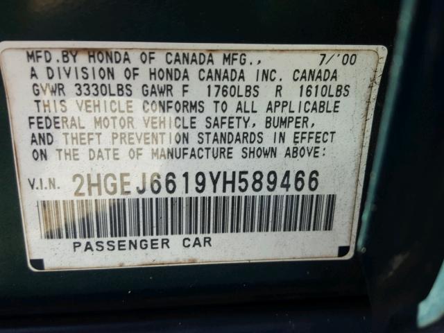 2HGEJ6619YH589466 - 2000 HONDA CIVIC BASE GREEN photo 10