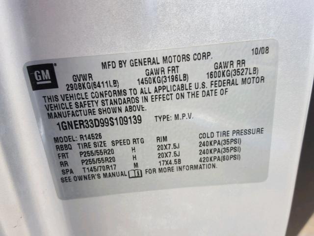 1GNER33D99S109139 - 2009 CHEVROLET TRAVERSE L SILVER photo 10