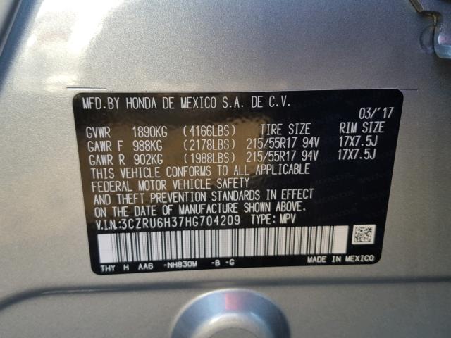 3CZRU6H37HG704209 - 2017 HONDA HR-V LX SILVER photo 10