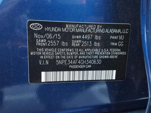 5NPE34AF4GH340630 - 2016 HYUNDAI SONATA SPO BLUE photo 10