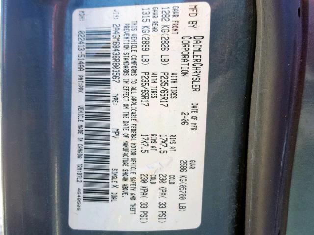 2A4GM68436R803567 - 2006 CHRYSLER PACIFICA T TEAL photo 10