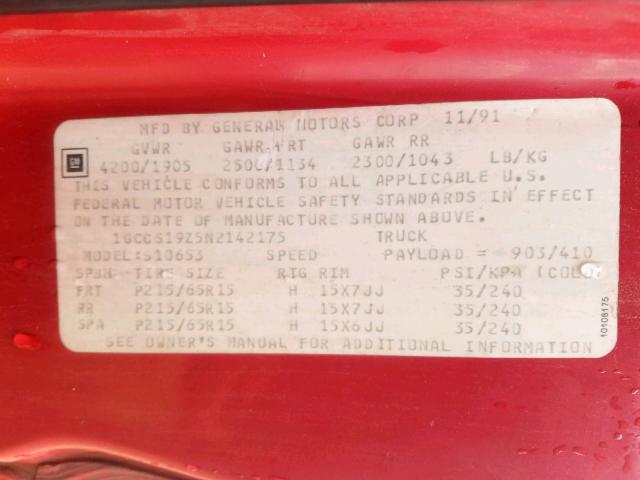1GCCS19Z5N2142175 - 1992 CHEVROLET S TRUCK S1 RED photo 10