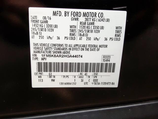 1FM5K8AR2HGA44074 - 2017 FORD EXPLORER P BLACK photo 10