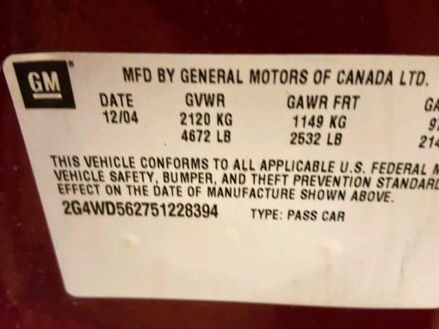 2G4WD562751228394 - 2005 BUICK LACROSSE C BURGUNDY photo 10