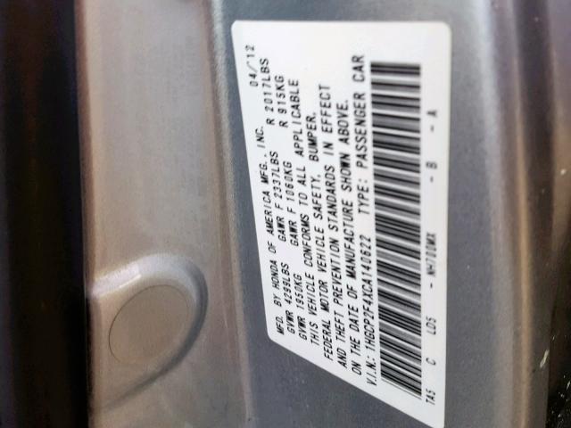 1HGCP2F4XCA140622 - 2012 HONDA ACCORD LXP SILVER photo 10