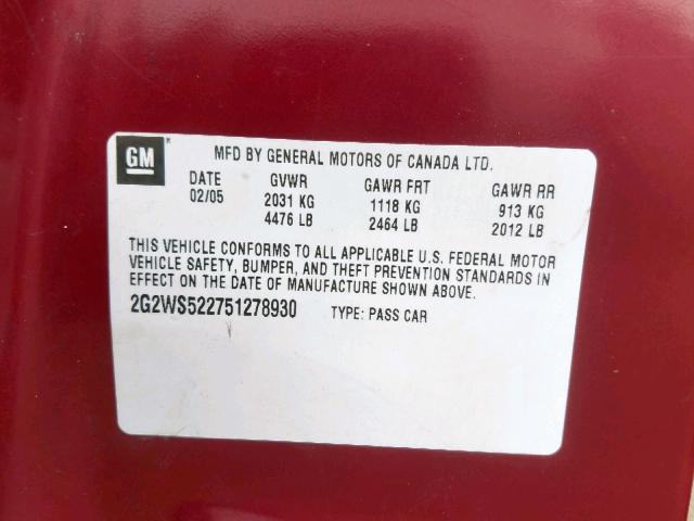 2G2WS522751278930 - 2005 PONTIAC GRAND PRIX RED photo 10