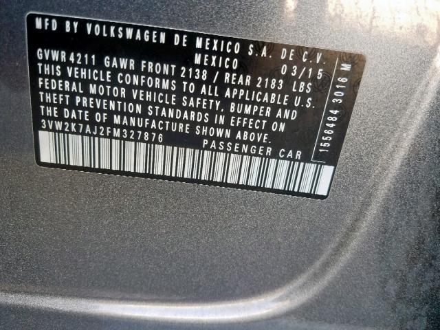 3VW2K7AJ2FM327876 - 2015 VOLKSWAGEN JETTA BASE 灰色 照片 10