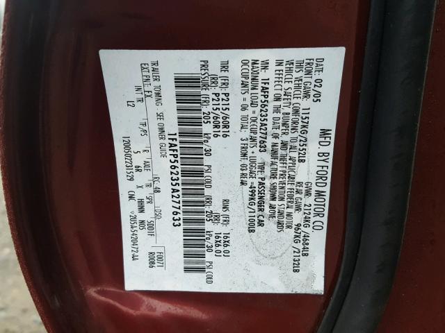 1FAFP56235A277633 - 2005 FORD TAURUS SEL MAROON photo 10