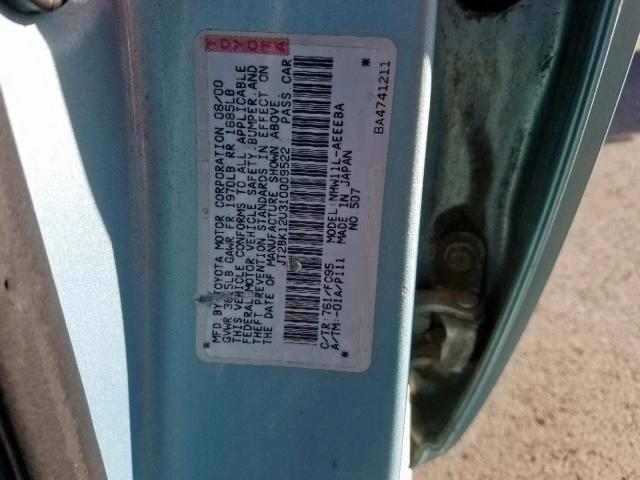 JT2BK12U310009522 - 2001 TOYOTA PRIUS BLUE photo 10