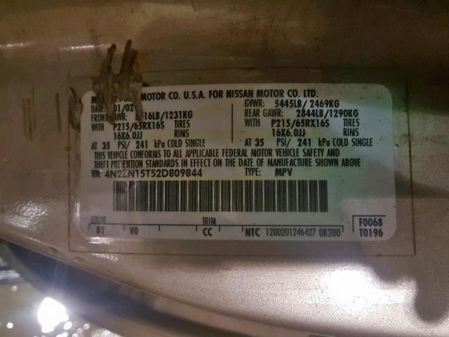 4N2ZN15T52D809844 - 2002 NISSAN QUEST GXE GOLD photo 10