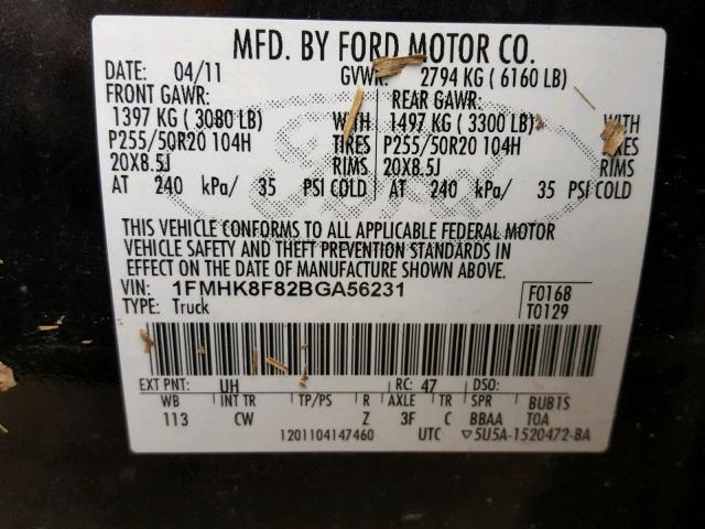 1FMHK8F82BGA56231 - 2011 FORD EXPLORER L BLACK photo 10