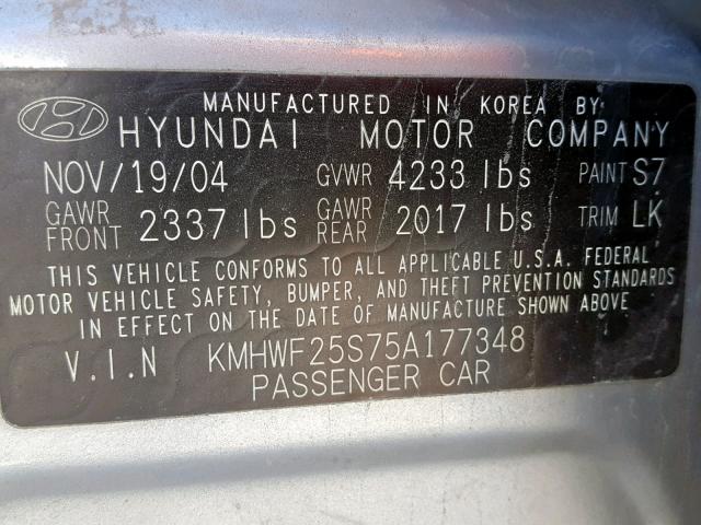 KMHWF25S75A177348 - 2005 HYUNDAI SONATA GL SILVER photo 10