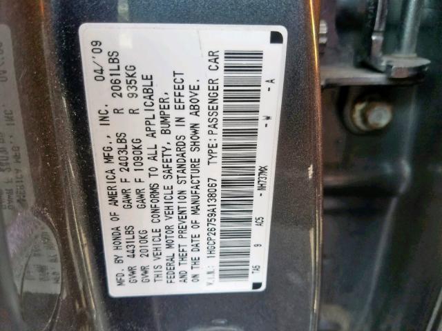 1HGCP26759A138067 - 2009 HONDA ACCORD EX GRAY photo 10