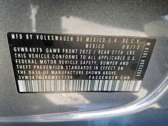 3VW2K7AJ8DM217136 - 2013 VOLKSWAGEN JETTA BASE  լուսանկար 10