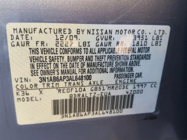 3N1AB6AP3AL648100 - 2010 NISSAN SENTRA 2.0 GRAY photo 10