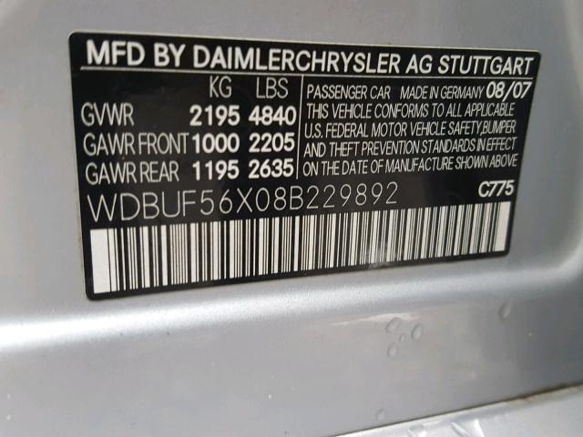 WDBUF56X08B229892 - 2008 MERCEDES-BENZ E 350 GRAY photo 10