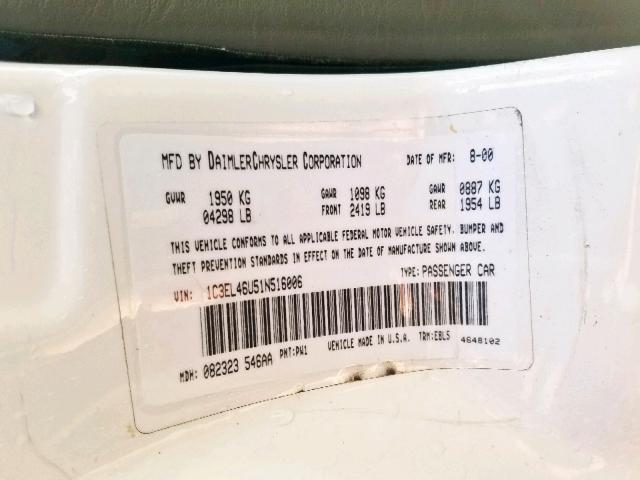 1C3EL46U51N516006 - 2001 CHRYSLER SEBRING LX WHITE photo 10