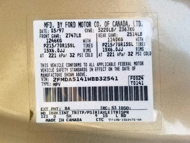 2FMDA5141WBB32541 - 1998 FORD WINDSTAR W BEIGE photo 10