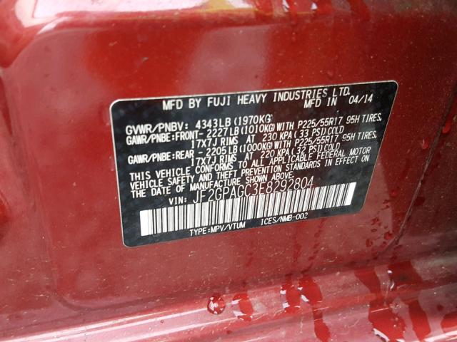 JF2GPAGC3E8292804 - 2014 SUBARU XV CROSSTR RED photo 10