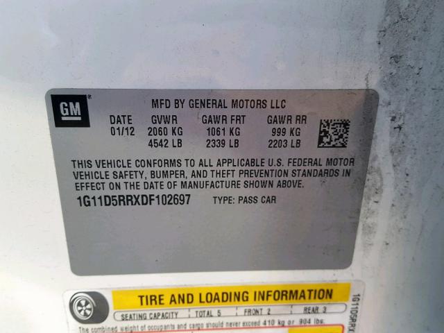 1G11D5RRXDF102697 - 2013 CHEVROLET MALIBU 1LT 白色 照片 10