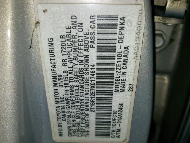 2T1BR12E7XC174614 - 1999 TOYOTA COROLLA VE SILVER photo 10