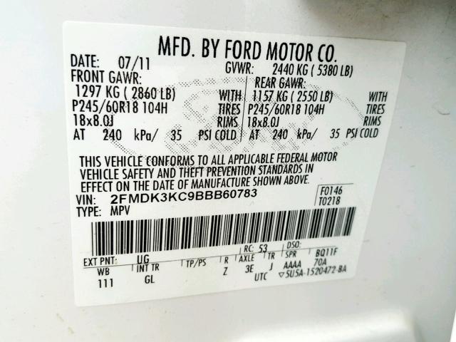 2FMDK3KC9BBB60783 - 2011 FORD EDGE LIMIT WHITE photo 10