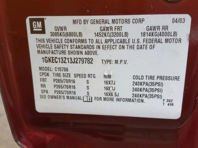 1GKEC13Z13J279782 - 2003 GMC YUKON RED photo 10