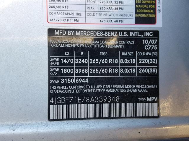 4JGBF71E78A339348 - 2008 MERCEDES-BENZ GL 450 4MA SILVER photo 10