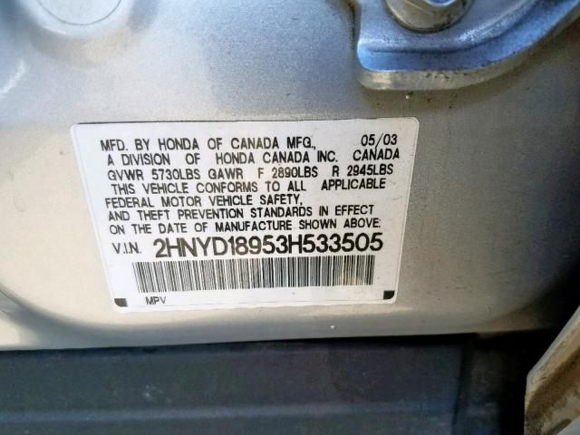 2HNYD18953H533505 - 2003 ACURA MDX TOURIN GRAY photo 10