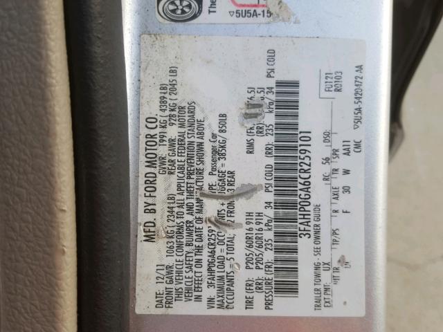 3FAHP0GA6CR259101 - 2012 FORD FUSION S SILVER photo 10