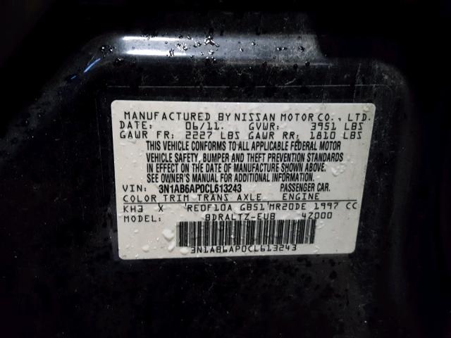 3N1AB6AP0CL613243 - 2012 NISSAN SENTRA 2.0 BLACK photo 10