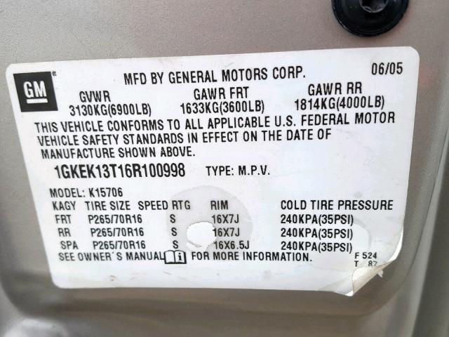 1GKEK13T16R100998 - 2006 GMC YUKON SILVER photo 10