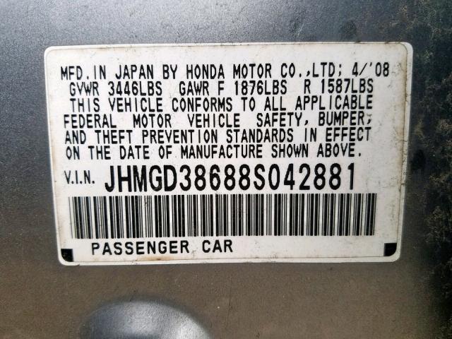 JHMGD38688S042881 - 2008 HONDA FIT SPORT GRAY photo 10