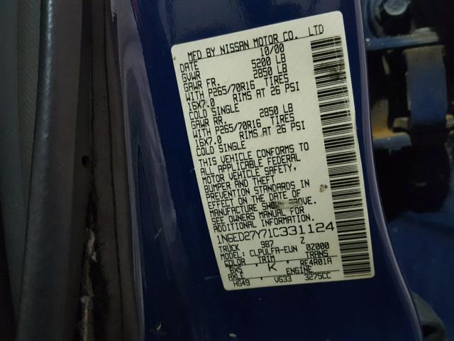 1N6ED27Y71C331124 - 2001 NISSAN FRONTIER C BLUE photo 10