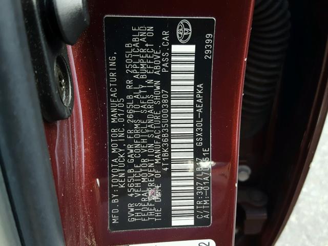 4T1BK36B35U003807 - 2005 TOYOTA AVALON XL MAROON photo 10