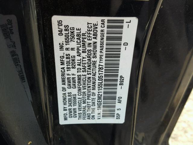 1HGEM21155L051787 - 2005 HONDA CIVIC DX V BLACK photo 10