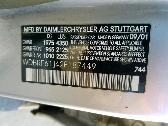 WDBRF61J42F187449 - 2002 MERCEDES-BENZ C 240 WHITE photo 10