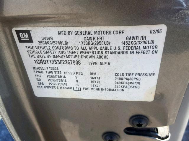 1GNDT13S362267908 - 2006 CHEVROLET TRAILBLAZE GRAY photo 10