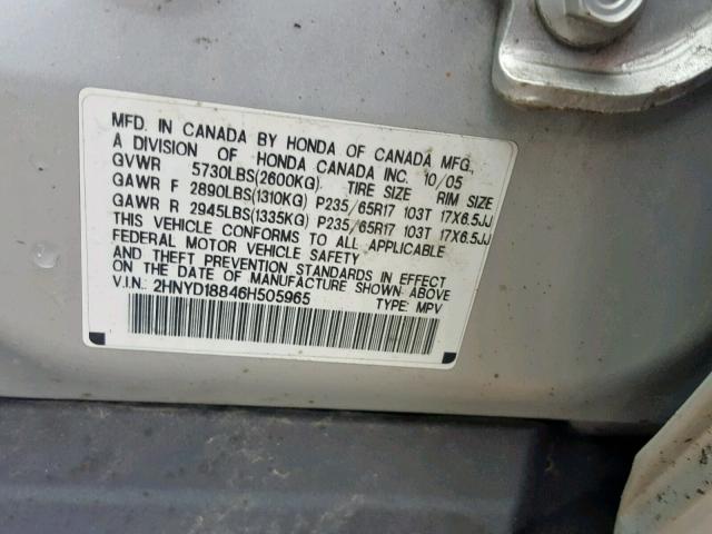 2HNYD18846H505965 - 2006 ACURA MDX TOURIN SILVER photo 10