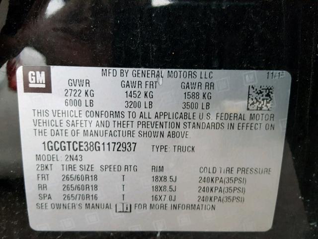 1GCGTCE38G1172937 - 2016 CHEVROLET COLORADO L BLACK photo 10