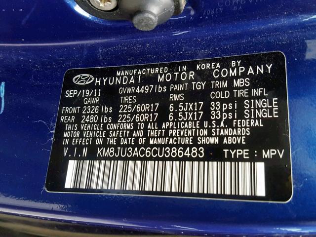 KM8JU3AC6CU386483 - 2012 HYUNDAI TUCSON GLS BLUE photo 10