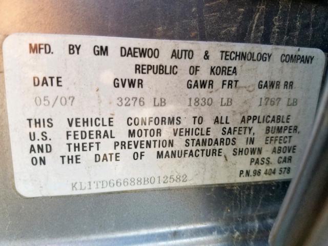 KL1TD66688B012582 - 2008 CHEVROLET AVEO BASE Сұр фото 10
