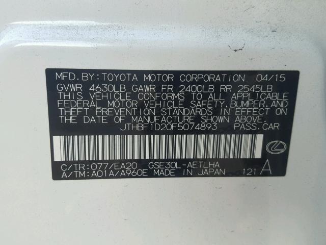 JTHBF1D20F5074893 - 2015 LEXUS IS 250 WHITE photo 10