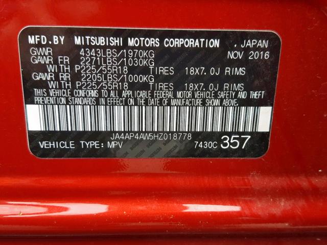 JA4AP4AW5HZ018778 - 2017 MITSUBISHI OUTLANDER RED photo 10